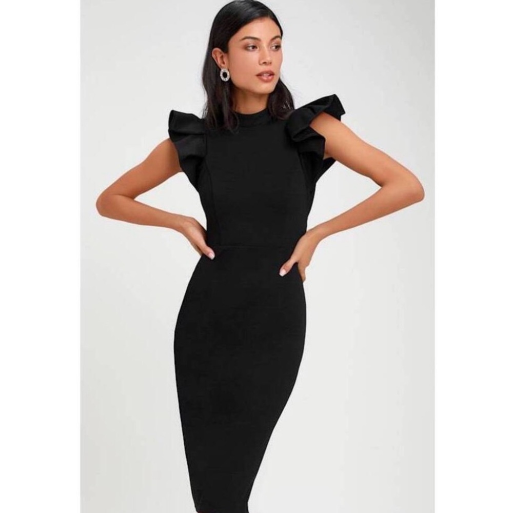 Lulus Stylish Splendor Black Backless Ruffle Bodycon Midi Dress - Size M